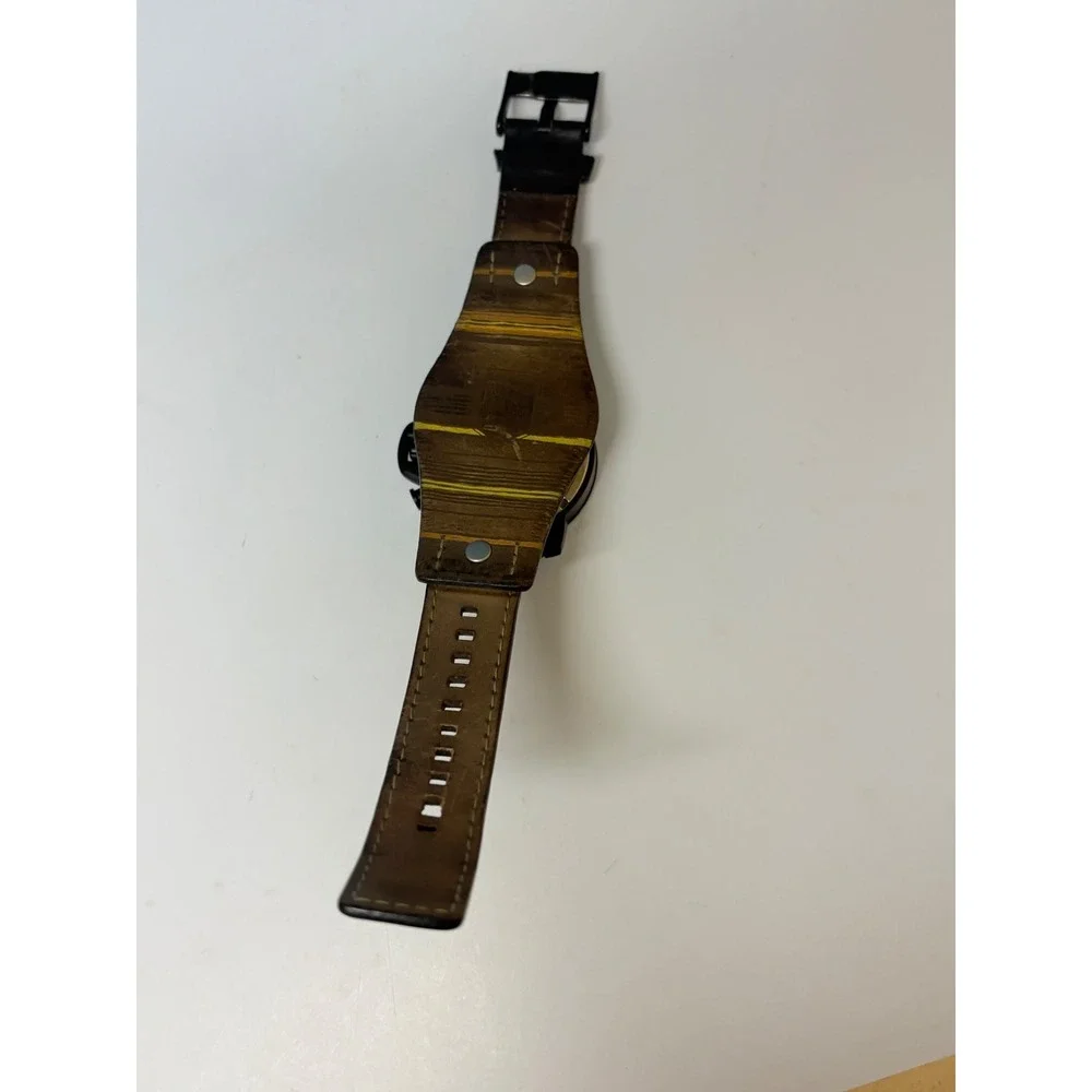 Fossil Mens Chronograph Black Leather Cuff Watch JR1157 Analog Date Need Battery